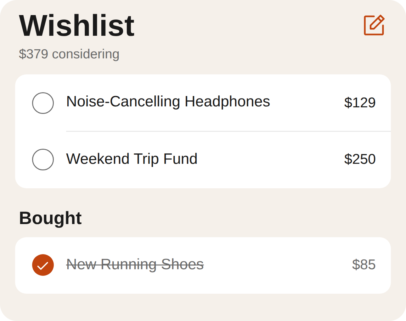 Wishlist: Noise-Cancelling Headphones $129 and Weekend Trip Fund $250, $379 considering, and New Running Shoes crossed out under Bought